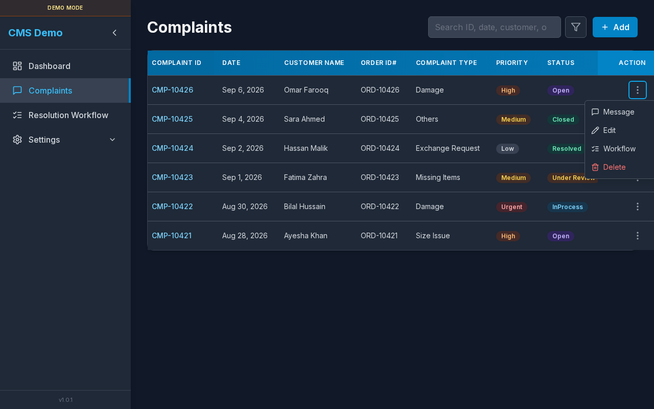 Complaints actions menu