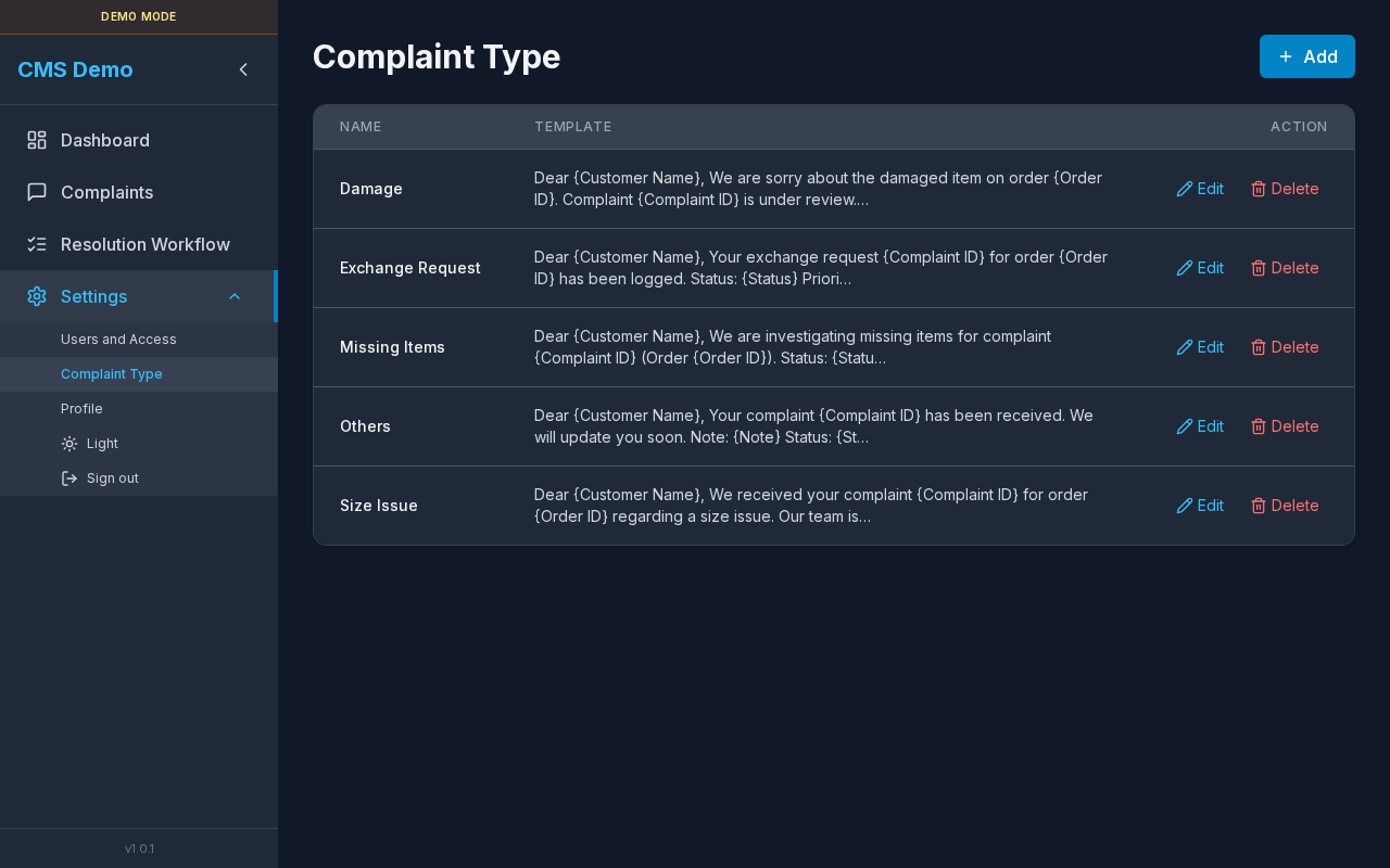 Complaint Type settings