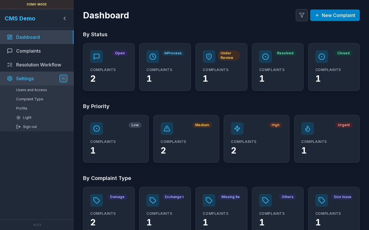 Settings submenu in sidebar