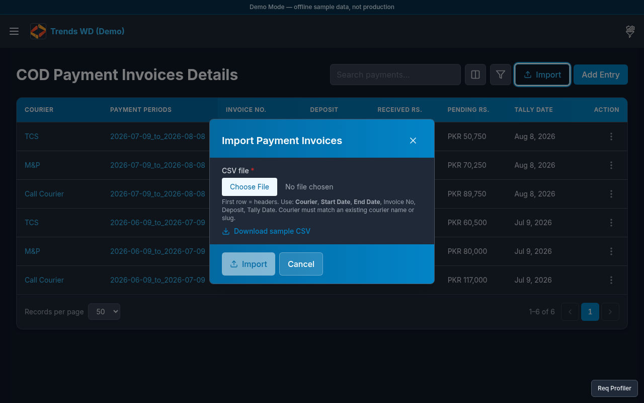 Payment Invoice import modal