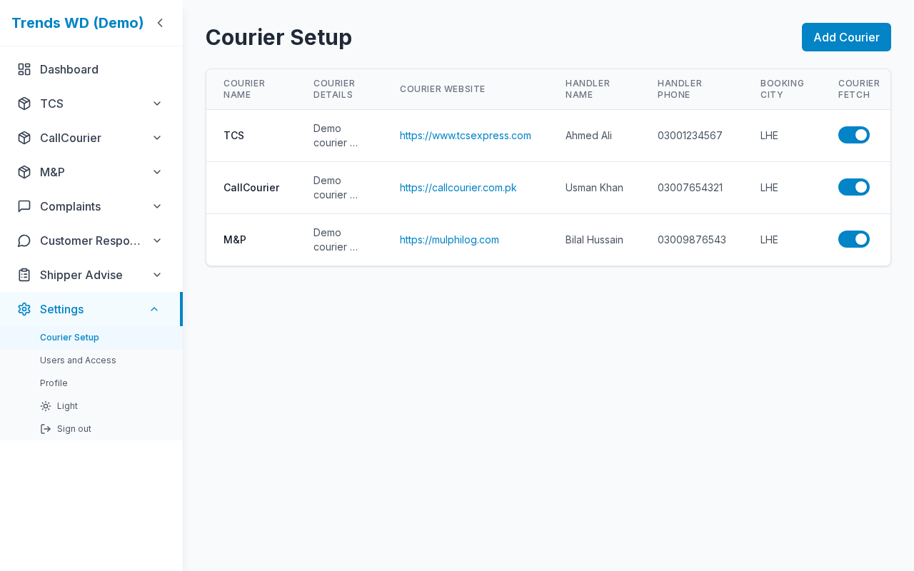 Settings / Courier Setup