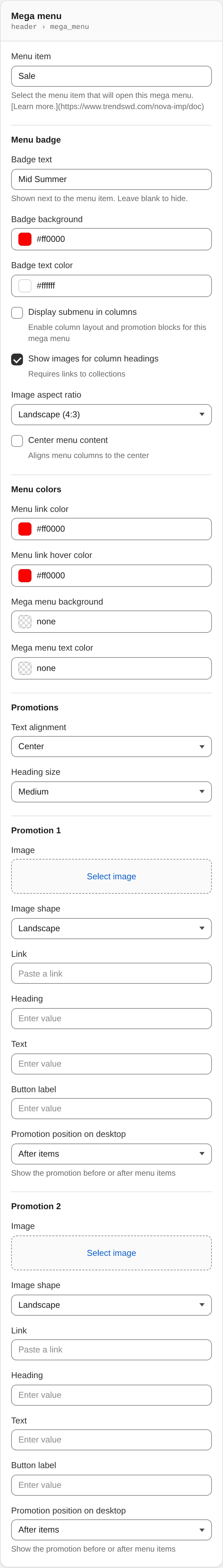 Mega menu settings