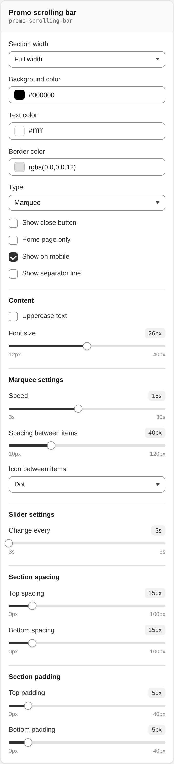 Promo scrolling bar settings