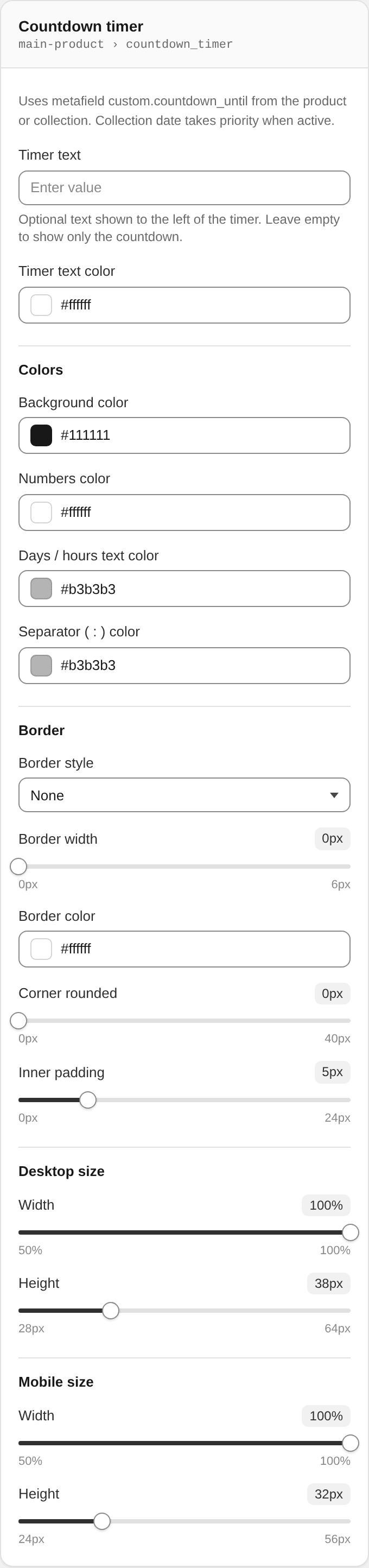 Countdown timer settings
